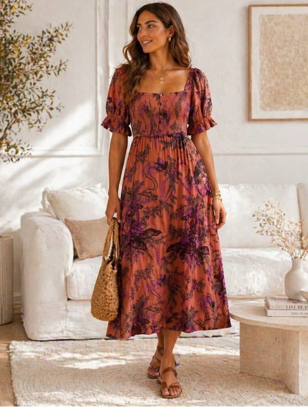 Anthropologie Brown Multi Floral Midi Dress with Puff Sleeves. 2x. NWT